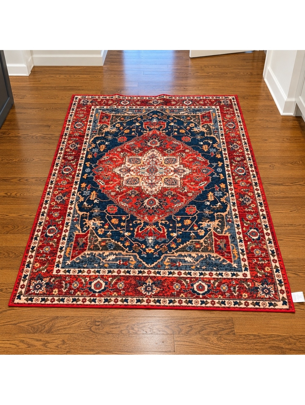 Vintage Style Area Rug with Red and Navy Floral Medallion Design. 4x6